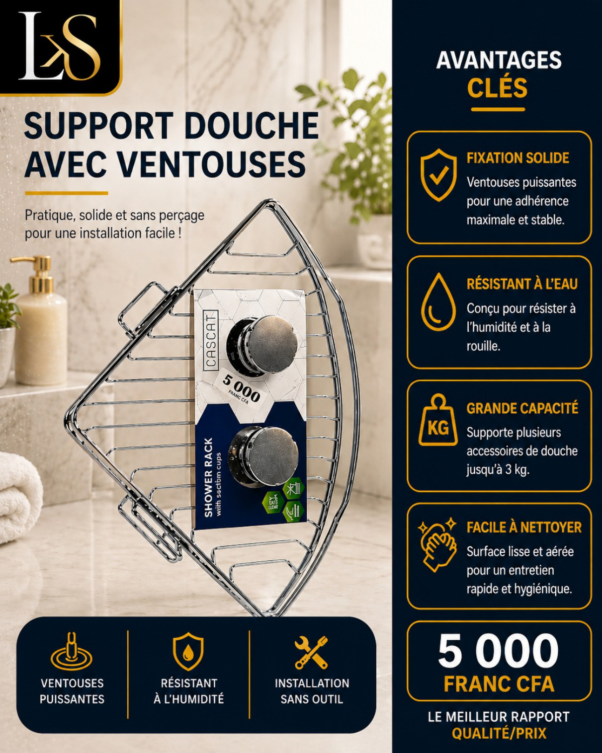 Support douche avec ventouses