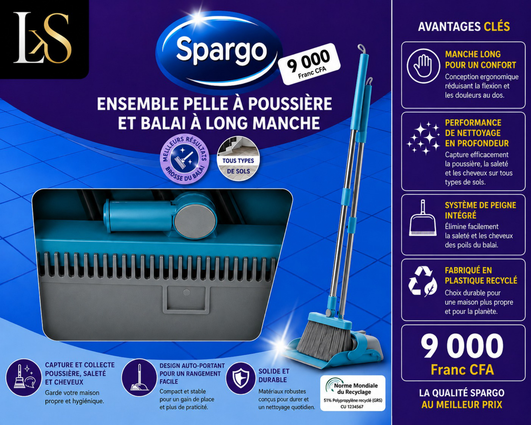 Ensemble pelle à poussière + balai long manche