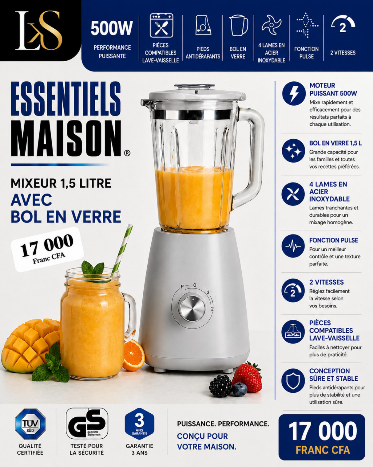 Mixeur 1,5L avec bol en verre